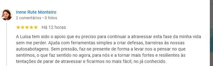 Avaliação de 5 estrelas no Google de Irene Rute Monteiro sobre o acompanhamento da Luísa Cunha.