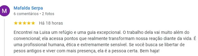 Avaliação de 5 estrelas no Google sobre o trabalho da Luísa Cunha.